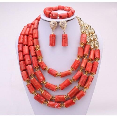 4UJewelry Traditional African Style Jewelry Set Nature Coral Beads 4 Rows Necklace Set of Jewellery For Nigerian Bridal Women