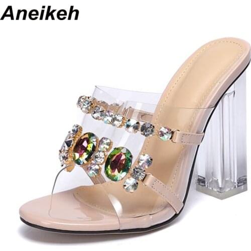 Aneikeh 2020 PVC Sexy Summer Sandals Fashion Women Rhinestone Slip-on Crystal heel Peep Toe High Heels Sandals Lady Dress Party