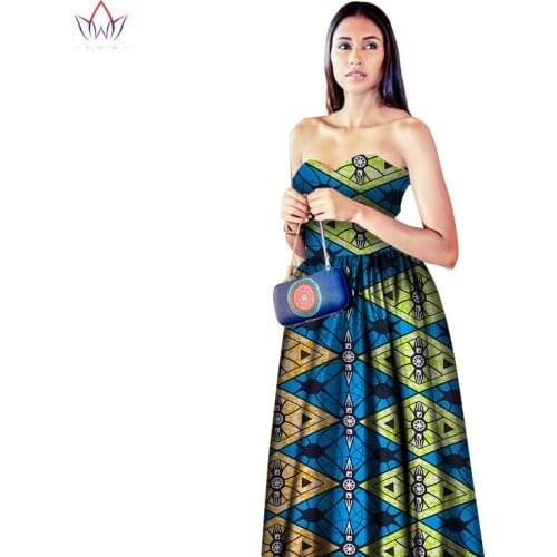 Bintarealwax Summer African Dresses for Women Dashiki Print Wax Mid-calf Print Dresses Strapless Sexy African Clothing WY305