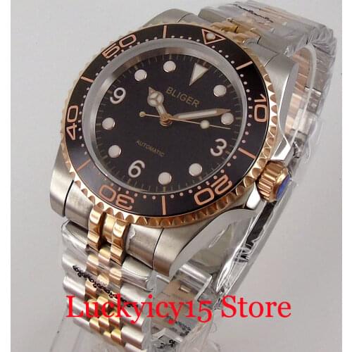 BLIGER Rose Gold Coated 40mm Mechanical Men Watch 21 Jewels MIYOTA 8215 Jubilee Band Screwdown Crown Ceramic Insert