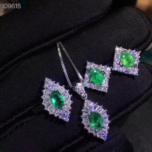 KJJEAXCMY boutique jewels 925 Silver-inlaid Natural Emerald Girl Ring Necklace Pendant Earring Set support detection