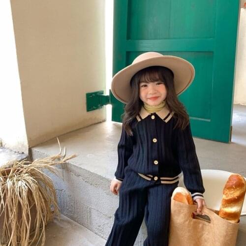 Korean Girls Autumn Suits Knitted Two-Piece Long-Sleeved Sweater Cardigan with Wide Legging for Baby Girls Toddler Baby Cloth