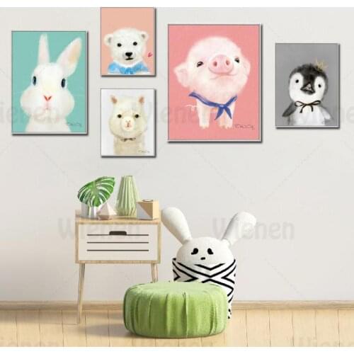 Cute Cartoon Animal Poster Canvas Painting Nursery Wall Art Baby Bedroom Home Decoration Rabbit Pig Polar Bear Alpaca Penguin