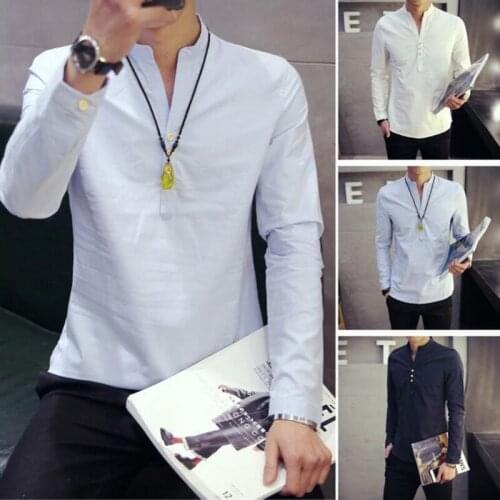 Fashion Mens Long Sleeve Shirts Shirt Stand-Up Collar Pullover Flax Casual