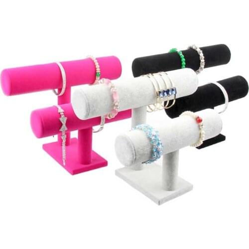 Portable Velvet Bracelet Bangle Necklace Display Stand Holder Watch Jewelry Organizer T-Bar Rack Black