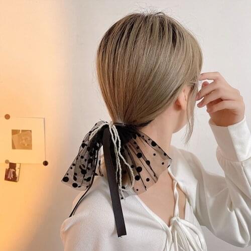 New Girl Headdress Head Rope Fairy Net Yarn Polka Dot Bow Ribbon Hair Ties Beaded Rubber Band for Women Fashion Hair Accessories