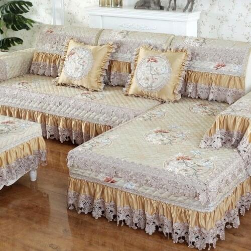 Champagne European Lace Sofa Cover Luxury Cotton Linen Sofa Towel Slipcover Non-slip Cushion Pillowcase Sofa Set For Living Room
