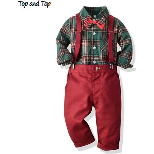 Top and Top Autumn Boys Gentleman Clothing Sets Long Sleeve Plaid Shirt with Bowtie+Suspender Trousers Kids Boys Clothes Bebe