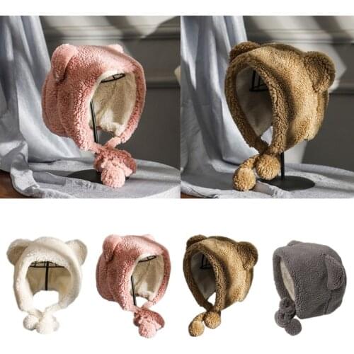 Women Winter Plush Earflap Hat Cute Bear Ears Pompom Thermal Beanies Trapper Cap