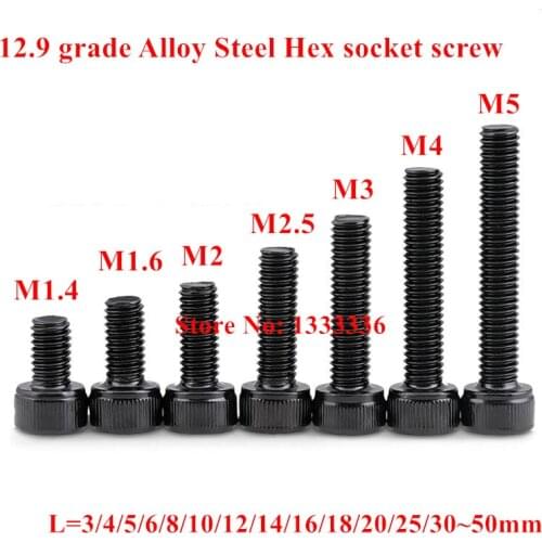 50pcs DIN912 M1.4 M1.6 M2 M2.5 M3 M4 Black grade 12.9 Alloy Steel Hexagon Socket Hex Head Cap Screws Car Bike Screw Screws Bolts