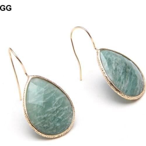 GuaiGuai Jewelry Big Size Natural Green Amazonites Gold Plated Dangle Hook Real Stone Earrings Classic For Women
