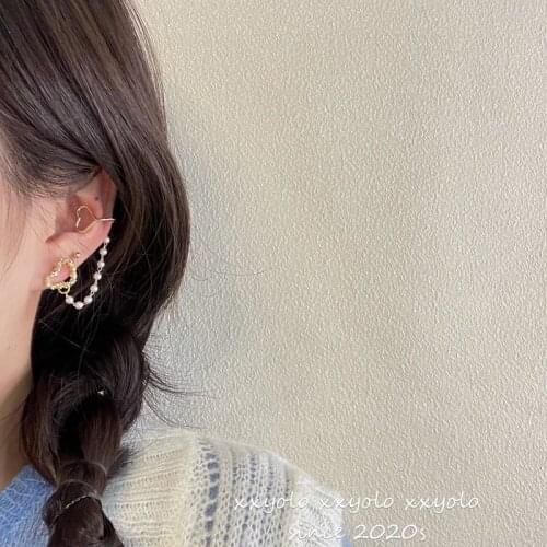 ​ZDMXJL 2021 New Fahion Womens Earrings Sweet Heart Pearl Ear Clip Stud Chain Earrings for Women Bijoux Jewelry Drop-shipping