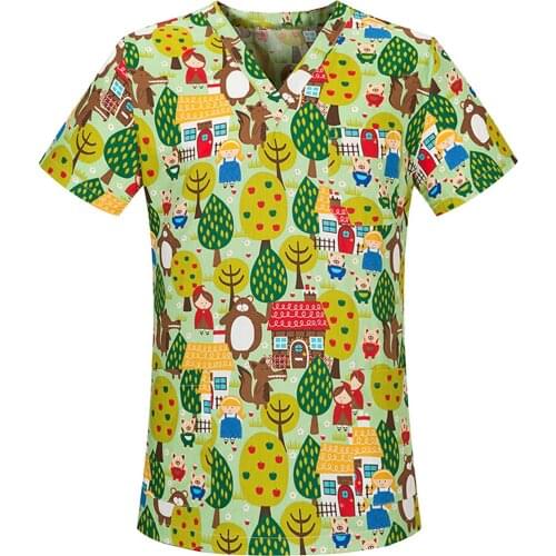 Women Blouse Nurse Scrubs Cartoon Print Uniform Top Short Sleeve V-neck Tops Working Uniform Cartoon Print Blouse Clinic Uniform