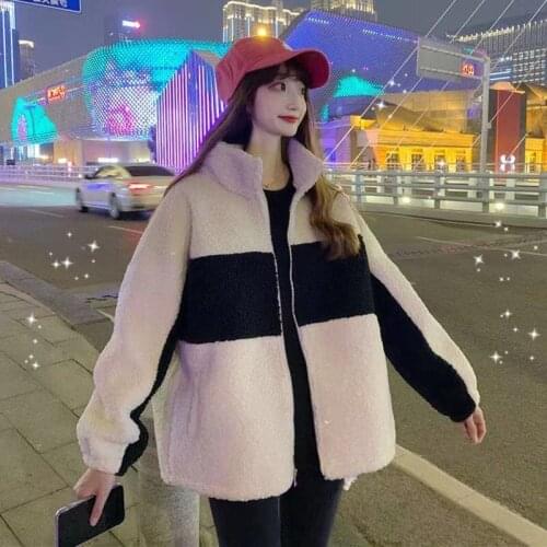 Winter 2021 New Lambswool Splicing Zipper Women Coat Thick Casual Stand Loose Pocket Wool Liner Female Sweatshirt