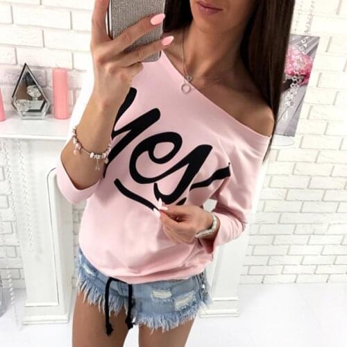 Womens T-Shirts New Letter Print Long Sleeve Girl Tops Slash Neck Casual One Shoulder T shirt Female Tee Tops Pink Red Grey