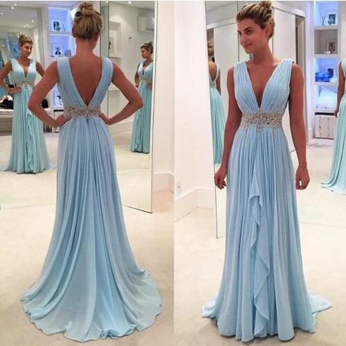 Sexy Beaded Chiffon Long Prom Dresses with Pockets A-Line V-Neck Pleated Abendkleider Robes de Soirée for Women