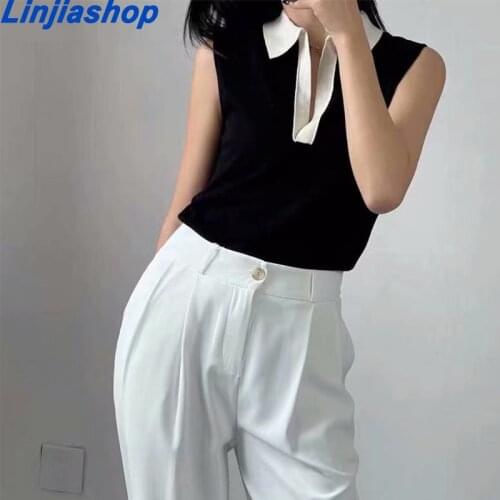 New Women Hit Color Lapel Collar Vest Sweater Vintage Black Camis Sleeveless Fashion Tank Top Autumn Outerwear Summer Top