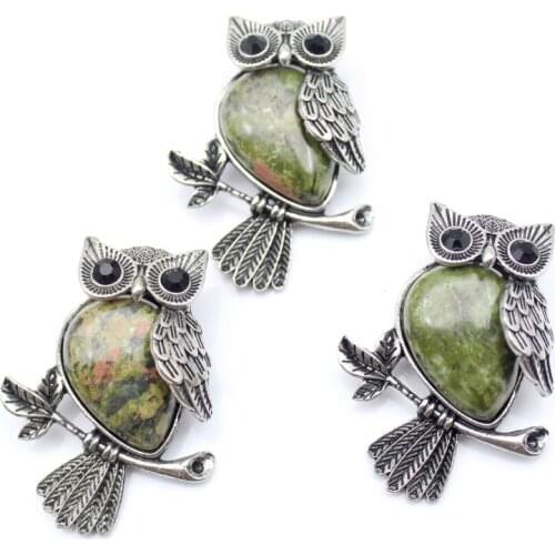 12pcs Vintage Silver Plated Owl Natural Unakite Gold sand Stone crystal Brooch For Women Charms Jewelry Brooches