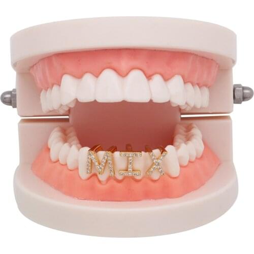 A-Z 26 Letters Teeth Grillz Iced Out Pave CZ Zircon Stone Single Name Teeth Grills Rhinestone Tooth Cap Hip Hop Rapper Jewelry
