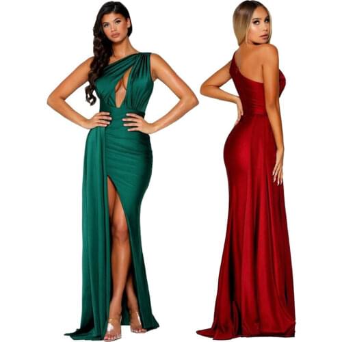 Burgundy Satin Maxi Dress One Shoulder Hollow Out Side Splits Long Evening Party Dress Gown