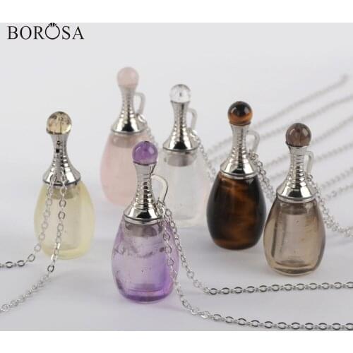 BOROSA 3Pcs 26inch Silver Color Natural Stone Perfume Bottle Pendant Necklace Amethysts Crystal Perfume Diffuser WX1222-N