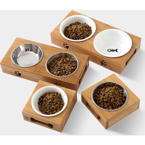 Pet Dog Cat Bowl Ceramic Bowl Bamboo Wooden Table Into A Kitten Skid Resistant Double Bowl Small Dog Food Bowl