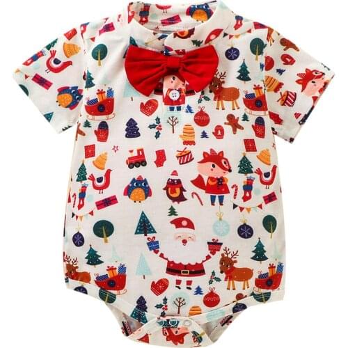 FOCUSNORM Christmas Newborn Baby Girls Boys Gentleman Bodysuits Cartoon Print Short Sleeve Bow Tie Jumpsuits