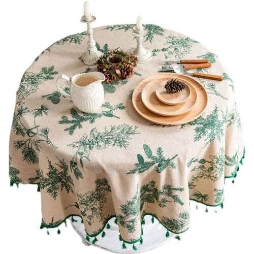 59 Inch Rustic Cotton Linen Round Tablecloth with Tassels Vintage Green Pine Leaves Printing Table Cover for Kitchen Dining