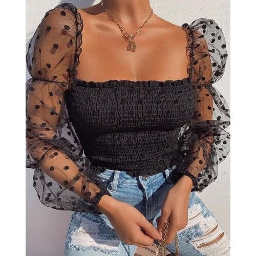 Fashion Women Polka Dot Blouse Mesh Sheer Puff Sleeve Shirts Sexy Lady Slim Fit Square Collar Shirts Streetwear Female Blouses