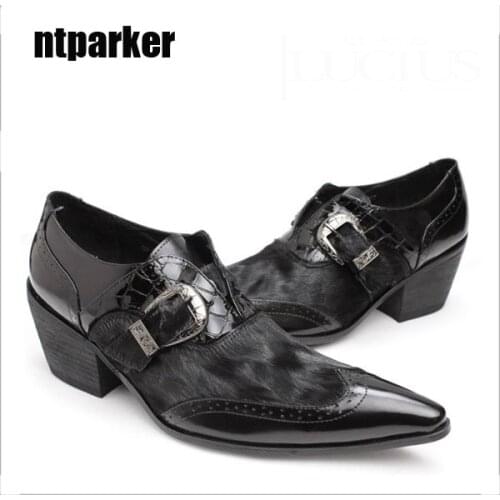 Ntparker 6.5cm Heels Black pointed toe increased height Mans leather Shoes man leather shoes for man Party/Wedding/Business