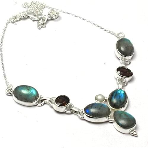 Genuine Labradorite + Pearl + Smokey Quartz Necklace 925 Sterling Silver, 48 cm,MHBNE0225