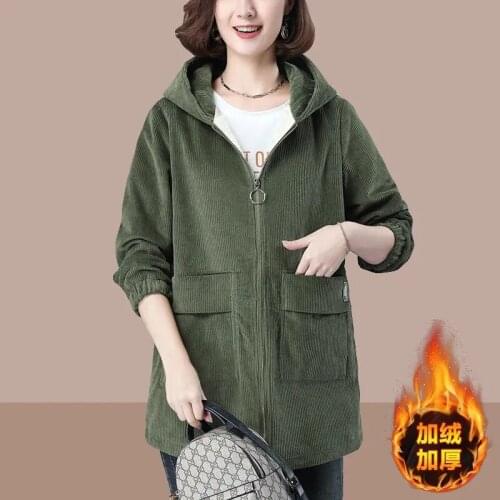 2021 New Autumn Winter Korean Plus Velvet Casual Hooded WindbreakerCorduroy Jacket For Women Middle-aged Mother Coat Plus Size