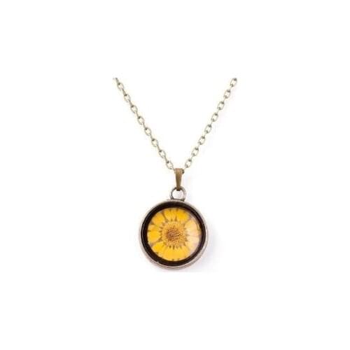 Live Real Natural Dried Flower Daisy Antique Plated Metal Necklace for women gift Vintage jewelry Round Glass Necklace
