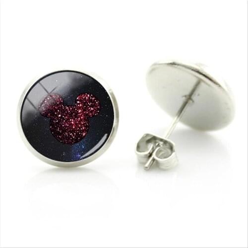 Disney Colorful Mickey Mouse Head Pendant Earrings Round Glass Cabochon Cute Jewelry Handicraft Fashion Art Earrings