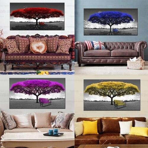 Modern Blue Red Money Tree Wall Art Contemporary Black and White Landscape Canvas Posters Prints Wall Pictures For Home Decor