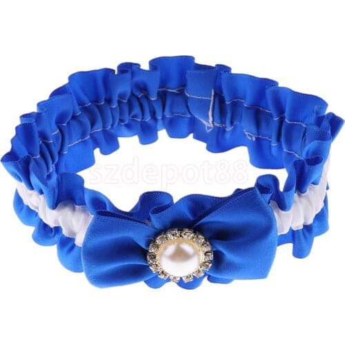 Stylish Navy Blue Wedding Bridal Lace Garter Elastic Pearl Bow Charm Prom Accessories for Women