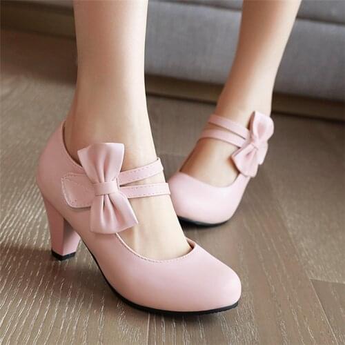Pink Lolita Shoes Mary Jane Shoes for Women High Heel Pumps Block Heels Sweet Bow Ladies Shoes Big Size42 43 44 45 46 47 48