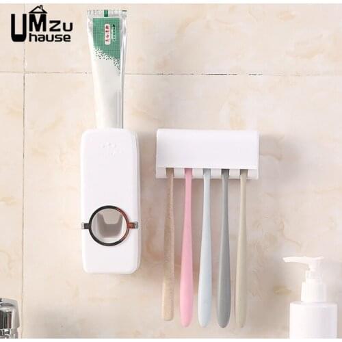 Toothpaste Squeezer Automatic Dispenser with Toothbrush Holder Organizers Set Wall Mount Bathroom Storage Rack Home Organization