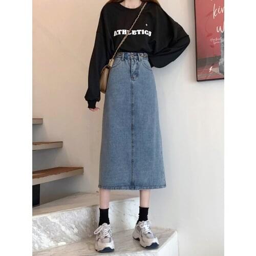 Retro Blue High Waist Slim A-line Skirt For Womens New Leisure Fashion Mid Length Denim Skirt In Spring 2021