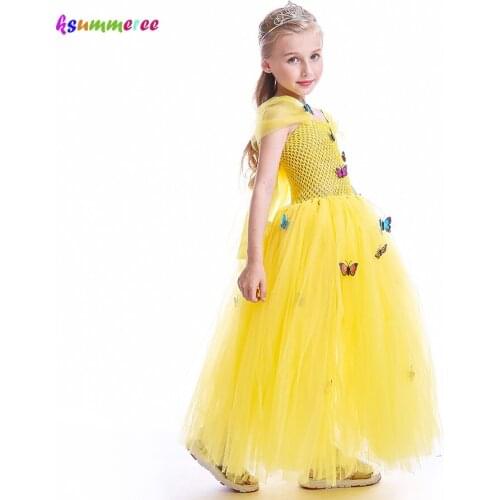Belle Princess Yellow Tutu Dress Girls Party Halloween Wedding Butterfly Dress Children Beauty Beast Cosplay Costume