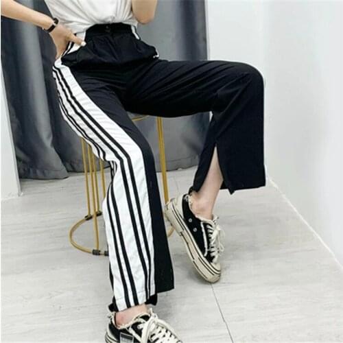 Women Wide Leg Pants Stripe Split Pants High Waist Trousers