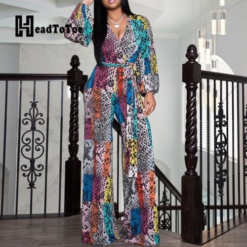 Chic Serpentine Print Sexy V Neck Wide Leg Jumpsuits Women Belted Long Sleeve One Piece Jumpsuit Overalls