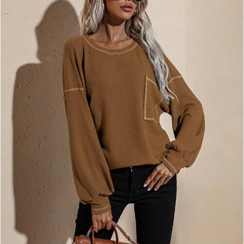 2021 Women Sweater Solid Color Knitted Autumn O Neck Long Sleeve Pockets Sweater Streetwear Spring Casual Pocket Sweatshirt