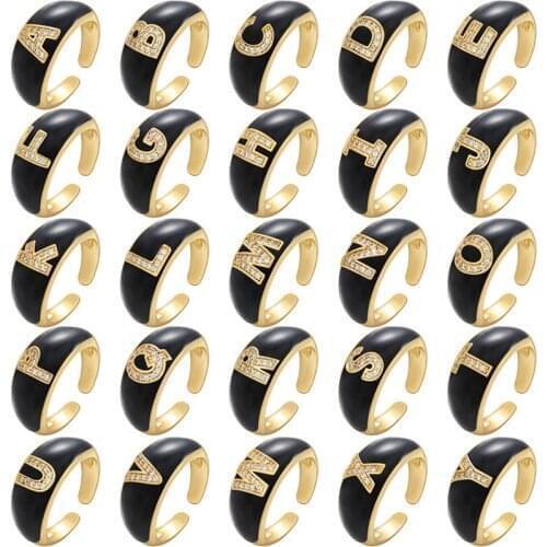 Micro Pave Copper Zircon Letter Gold Color Ring For Women Jewelry Girl Gift Black Enamel Luxury Set MIcro Pave Adjustable ring