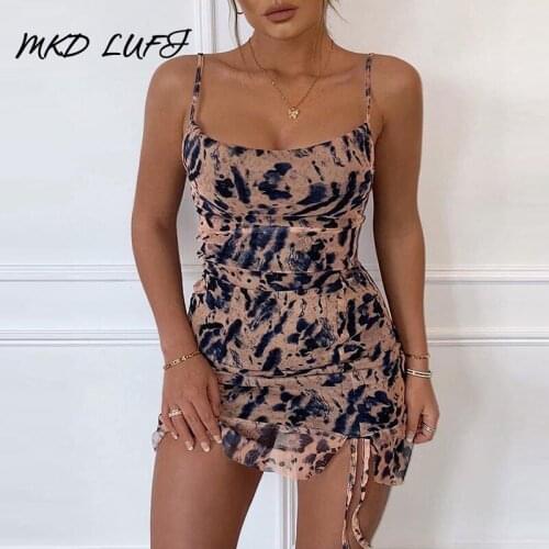 Animal Print Ruched Cami Dress Women Spaghetti Strap Summer Short Dresses