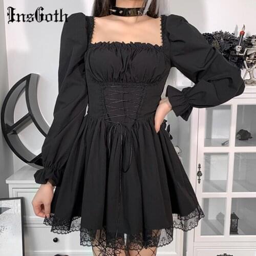 InsGoth Goth Sexy Black Lace Up Dress Vintage Square Collar Puff Sleeve Lace Tirm Mini Dresses Harajuku Fairy Grunge Party Dress