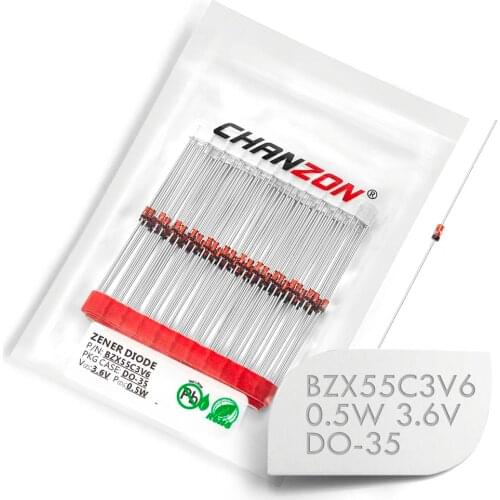 100 Pcs) BZX55C3V6 (1N5227B) Zener Diode 0.5W 3.6V DO-35 (DO-204AH) 0.5 Watt 3.6 Volt 3V6 IN5227B 1N5227