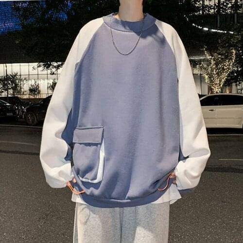 2021 Mens Fashion Side Pocket Hoodies Long Sleeve Round Neck Pullover Cotton Casual Sweatshirts Blue/black Color Coats M-2XL