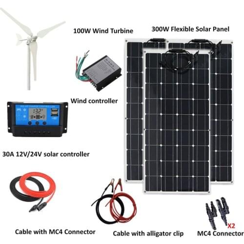 400W/H Hybrid System Kit: 100W Wind Turbine Generator+300W flexible Solar Panel+wind Controller+30A Solar controller+Accessories