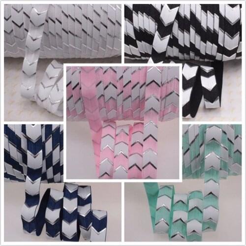 5 colors Silver foil big chevron printed foe elastic 5/8" fold over elastic for headband, 100yards per lot